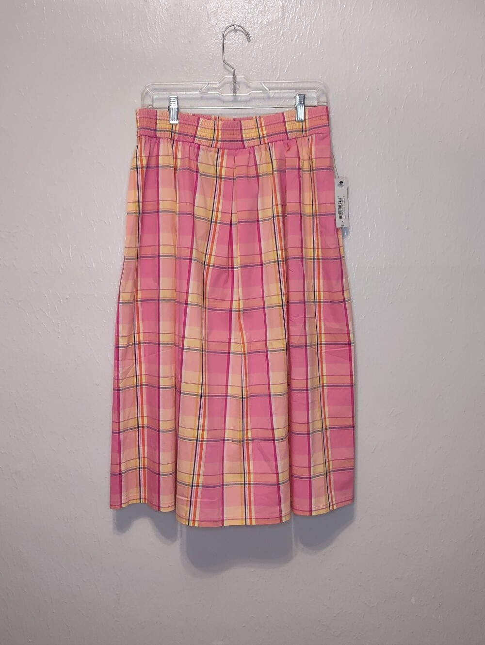 a.n.a Womens Flare Skirt Midi Plaid 10 Elastic Waist Pockets Pink